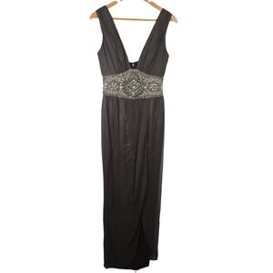 Mandalay Brown 100% Silk Beaded Deep V-Neck Evening Gown Dress Womens Size 4